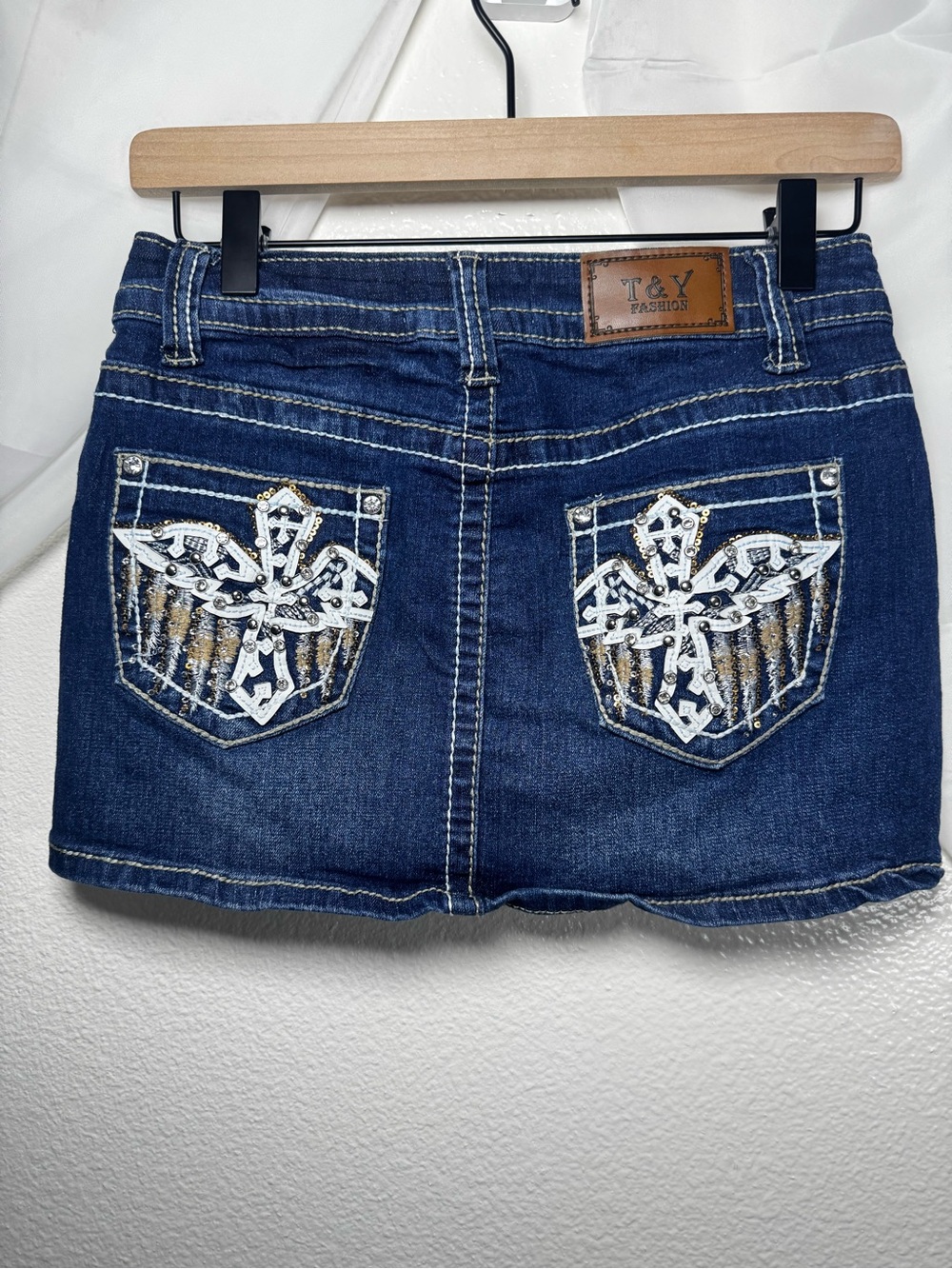 T&Y Fashion Y2K Embroidered Cross Embellished Rhinestone Denim Mini Micro Skirt